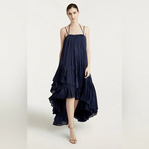 Cinq à Sept Soliel Ruffle Trapeze High Low Dress Navy Blue 33729